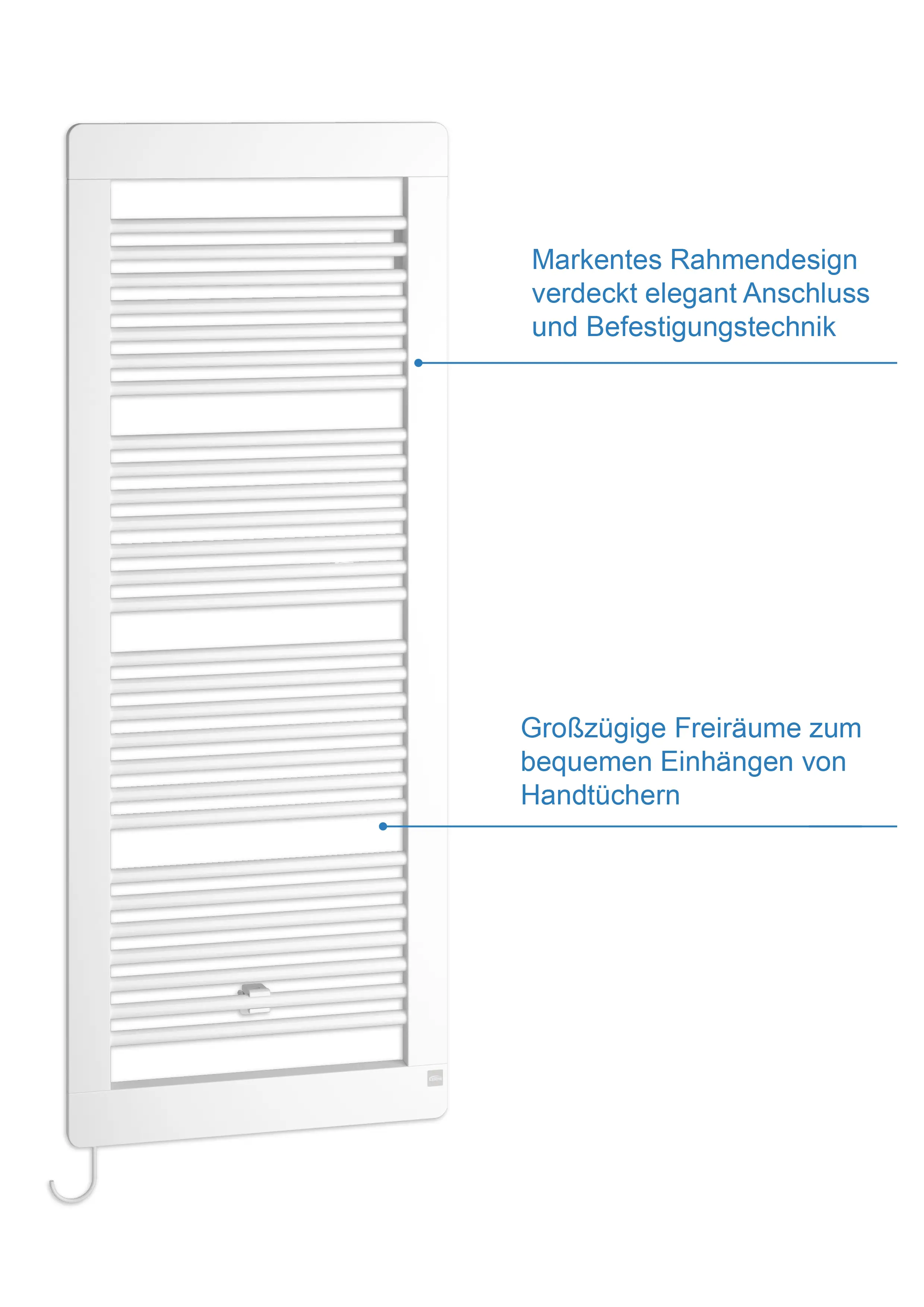 Weißer Kermi-Heizkörper mit Längsrippen, vertikal montiert. Bietet Platz zum Einhängen von Handtüchern. Elegantes Design verdeckt Montageansprüche.